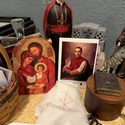 Archbishop Sheen relic and statue on my home altar.
